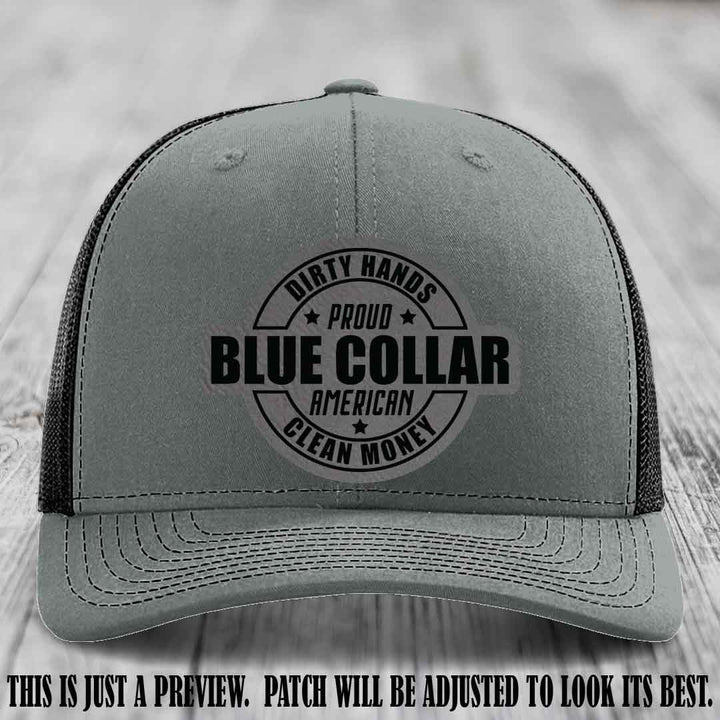 Dirty Hands Proud Blue Collar 🇺🇸💪 Leather Patch Hat with Grey to Black Patch on Heather Grey to Black Hat