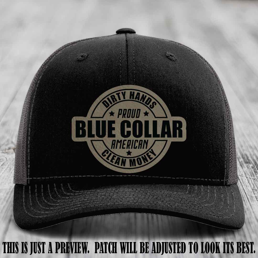 Dirty Hands Proud Blue Collar 🇺🇸💪 Leather Patch Hat with Light Brown to Black Patch on Black to Charcoal Hat