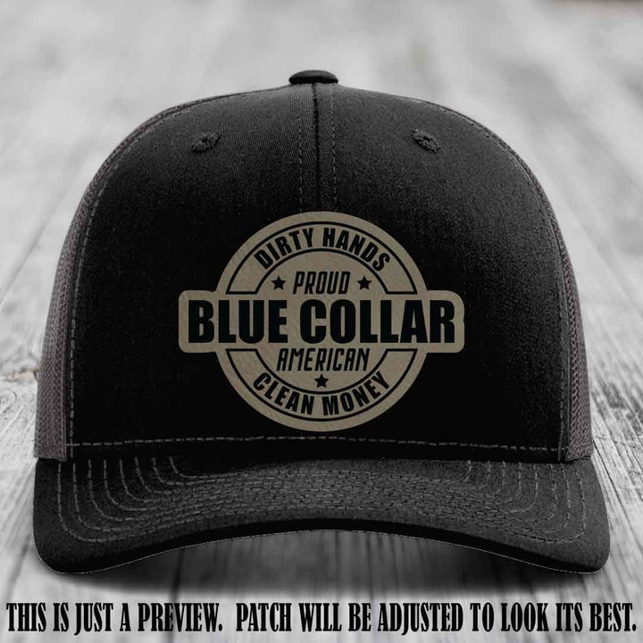 Dirty Hands Proud Blue Collar 🇺🇸💪 Leather Patch Hat with Light Brown to Black Patch on Black to Charcoal Hat