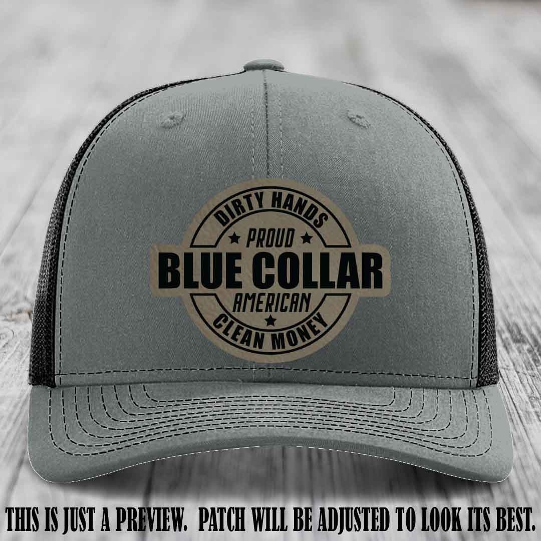 Dirty Hands Proud Blue Collar 🇺🇸💪 Leather Patch Hat with Light Brown to Black Patch on Heather Grey to Black Hat