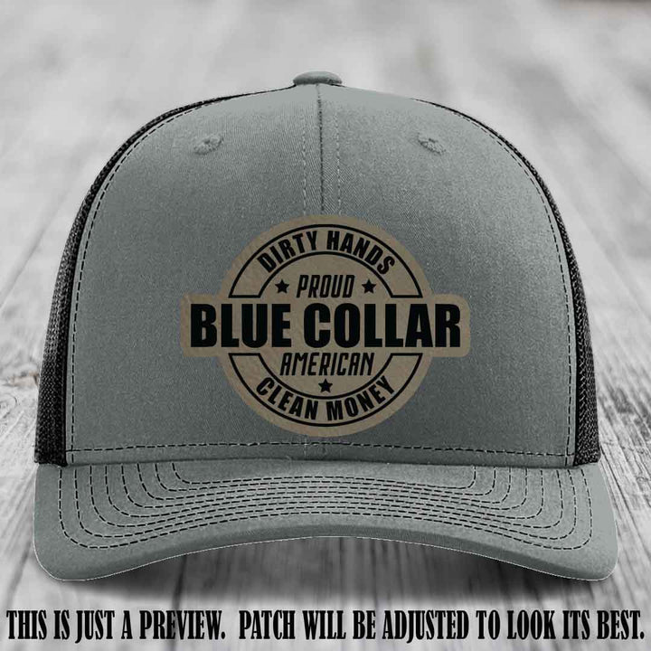 Dirty Hands Proud Blue Collar 🇺🇸💪 Leather Patch Hat with Light Brown to Black Patch on Heather Grey to Black Hat