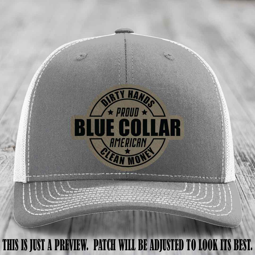 Dirty Hands Proud Blue Collar 🇺🇸💪 Leather Patch Hat with Light Brown to Black Patch on Heather Grey to White Hat