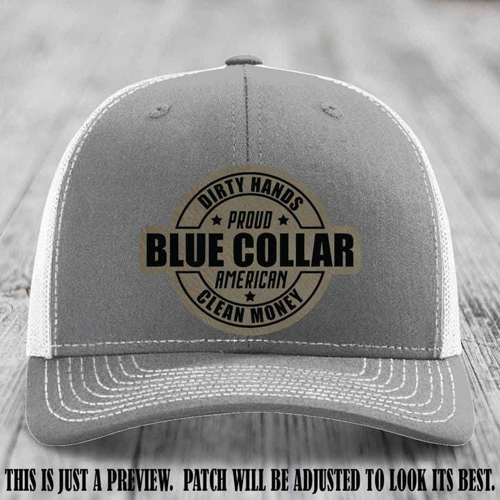 Dirty Hands Proud Blue Collar 🇺🇸💪 Leather Patch Hat with Light Brown to Black Patch on Heather Grey to White Hat