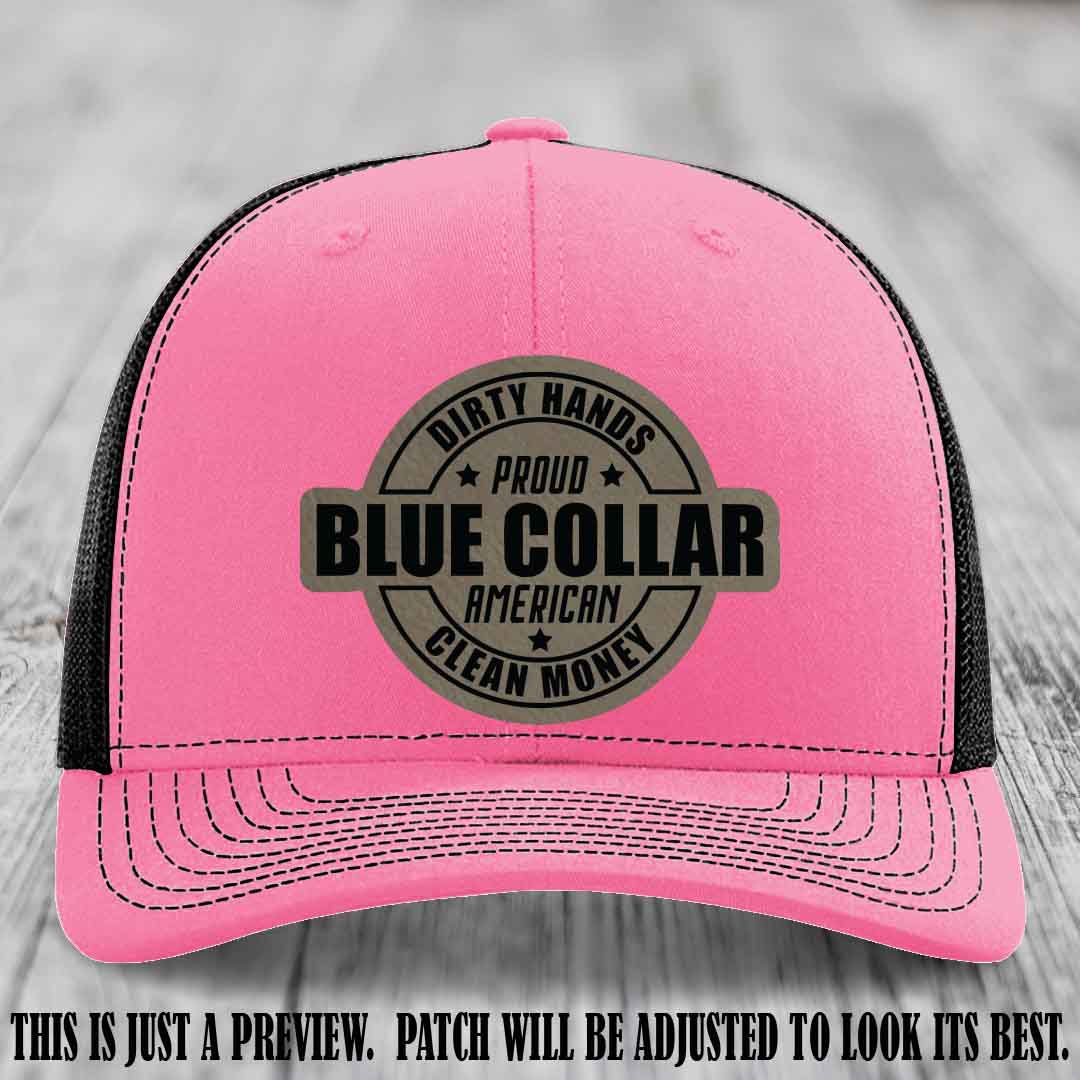 Dirty Hands Proud Blue Collar 🇺🇸💪 Leather Patch Hat with Light Brown to Black Patch on Hot Pink to Black Hat