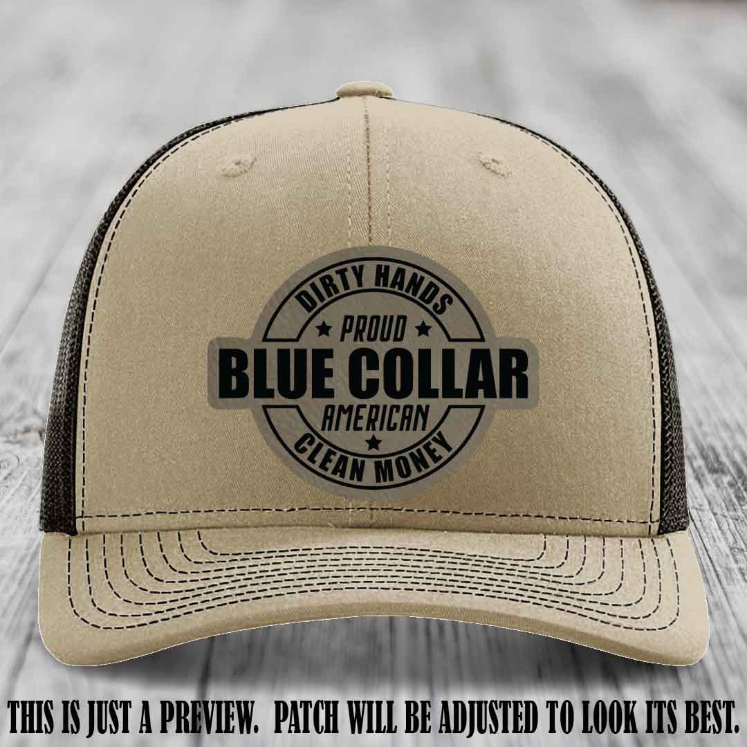 Dirty Hands Proud Blue Collar 🇺🇸💪 Leather Patch Hat with Light Brown to Black Patch on Khaki to Coffee Hat