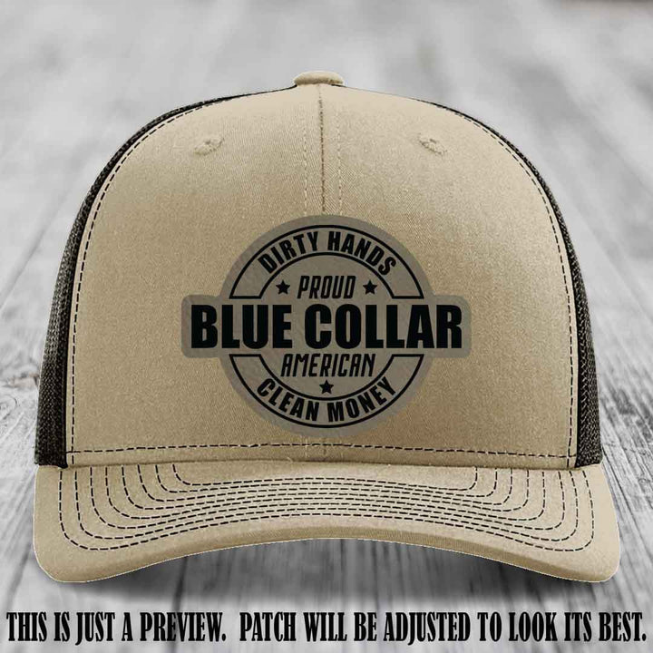 Dirty Hands Proud Blue Collar 🇺🇸💪 Leather Patch Hat with Light Brown to Black Patch on Khaki to Coffee Hat
