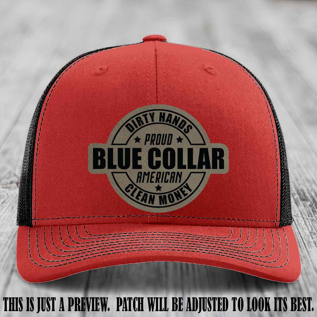 Dirty Hands Proud Blue Collar 🇺🇸💪 Leather Patch Hat with Light Brown to Black Patch on Red to Black Hat