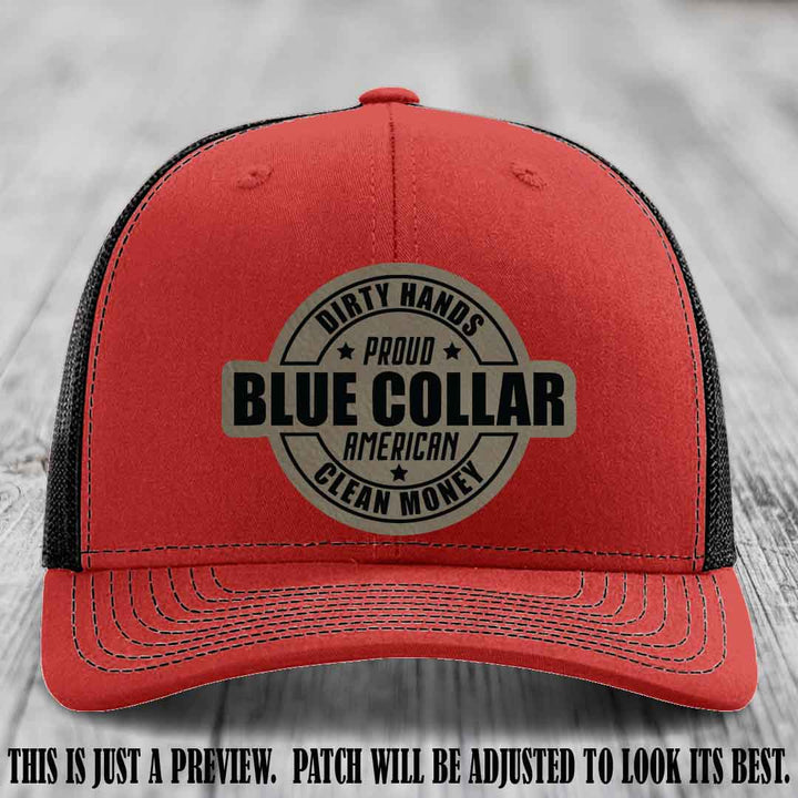 Dirty Hands Proud Blue Collar 🇺🇸💪 Leather Patch Hat with Light Brown to Black Patch on Red to Black Hat