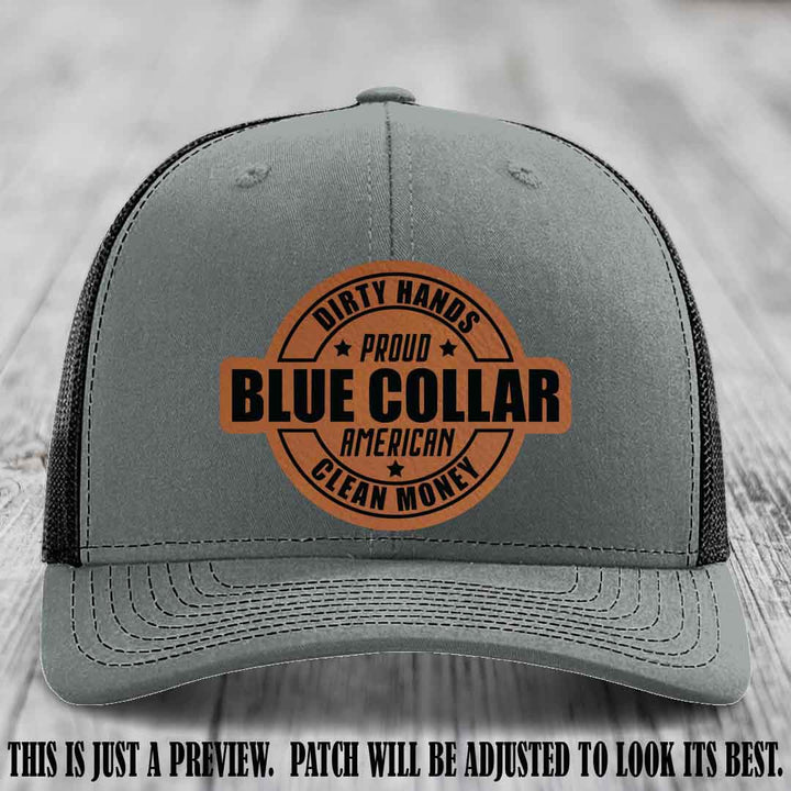 Dirty Hands Proud Blue Collar 🇺🇸💪 Leather Patch Hat with Rawhide to Black Patch on Heather Grey to Black Hat