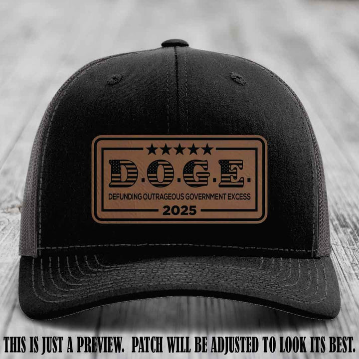 D.O.G.E. 2025 leather patch hat with dark brown to black patch on a black to charcoal hat