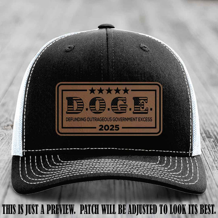 D.O.G.E. 2025 leather patch hat with dark brown to black patch on a black to white hat