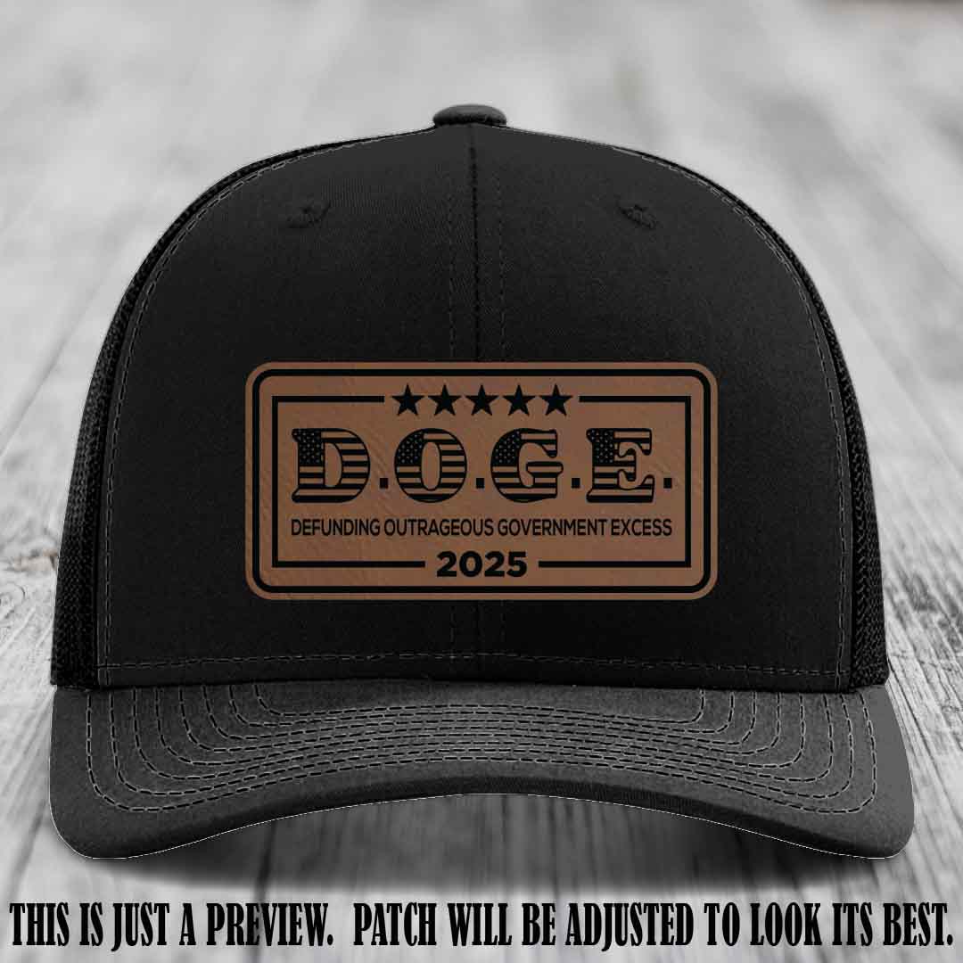 D.O.G.E. 2025 leather patch hat with dark brown to black patch on a black hat