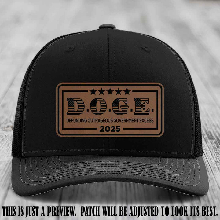 D.O.G.E. 2025 leather patch hat with dark brown to black patch on a black hat