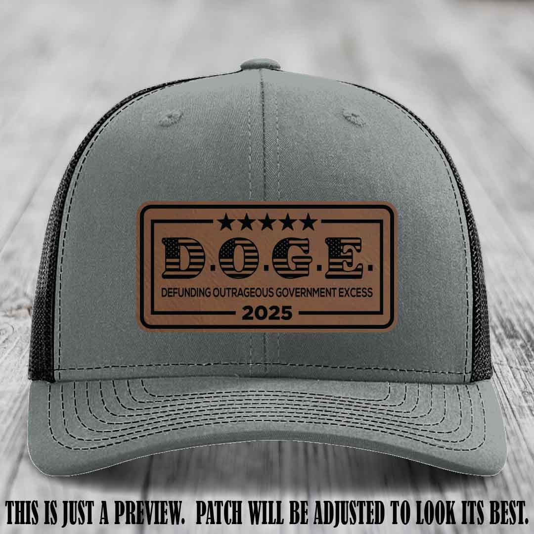 D.O.G.E. 2025 leather patch hat with dark brown to black patch on a heather grey to black hat