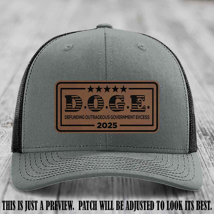 D.O.G.E. 2025 leather patch hat with dark brown to black patch on a heather grey to black hat