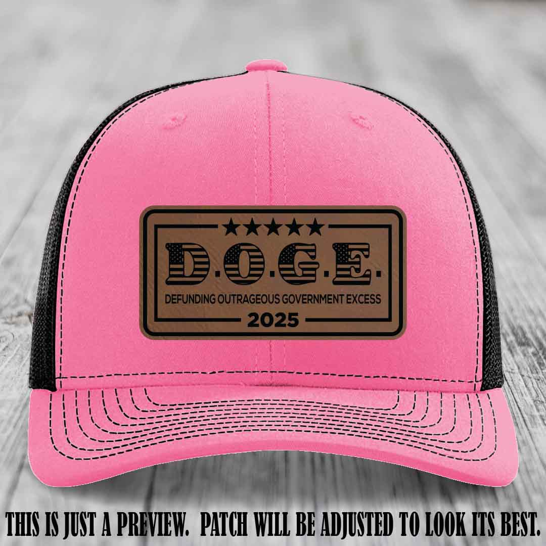 D.O.G.E. 2025 leather patch hat with dark brown to black patch on a hot pink to black hat