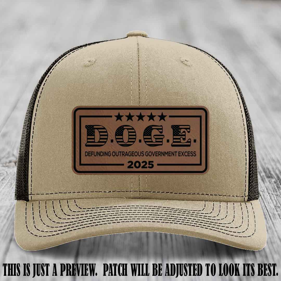 D.O.G.E. 2025 leather patch hat with dark brown to black patch on a khaki to coffee hat