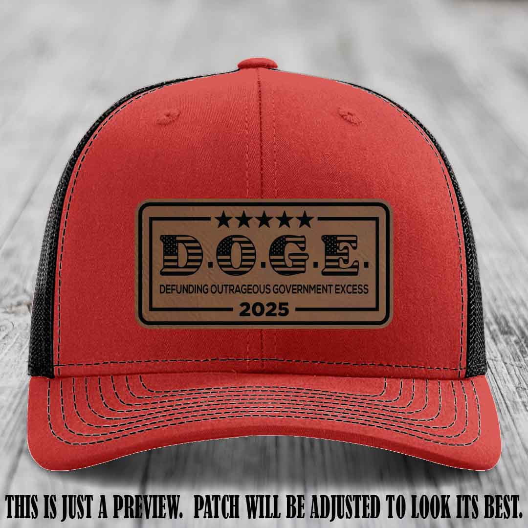 D.O.G.E. 2025 leather patch hat with dark brown to black patch on a red to black hat