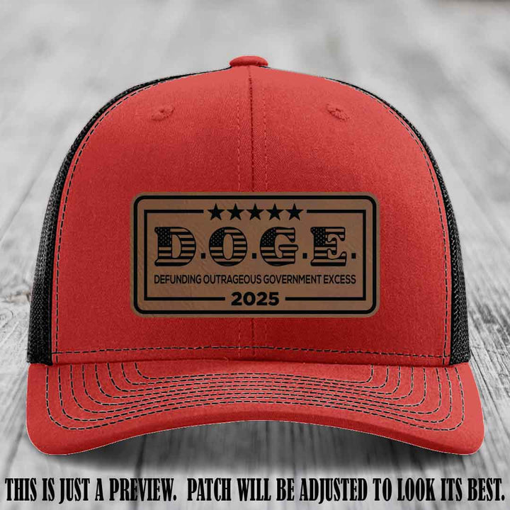 D.O.G.E. 2025 leather patch hat with dark brown to black patch on a red to black hat