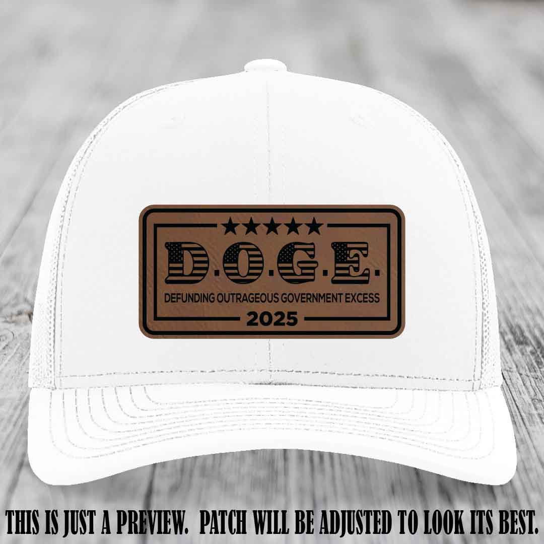 D.O.G.E. 2025 leather patch hat with dark brown to black patch on a white hat