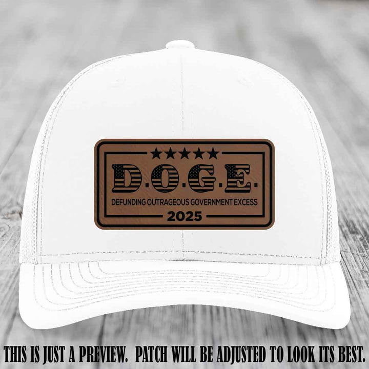 D.O.G.E. 2025 leather patch hat with dark brown to black patch on a white hat