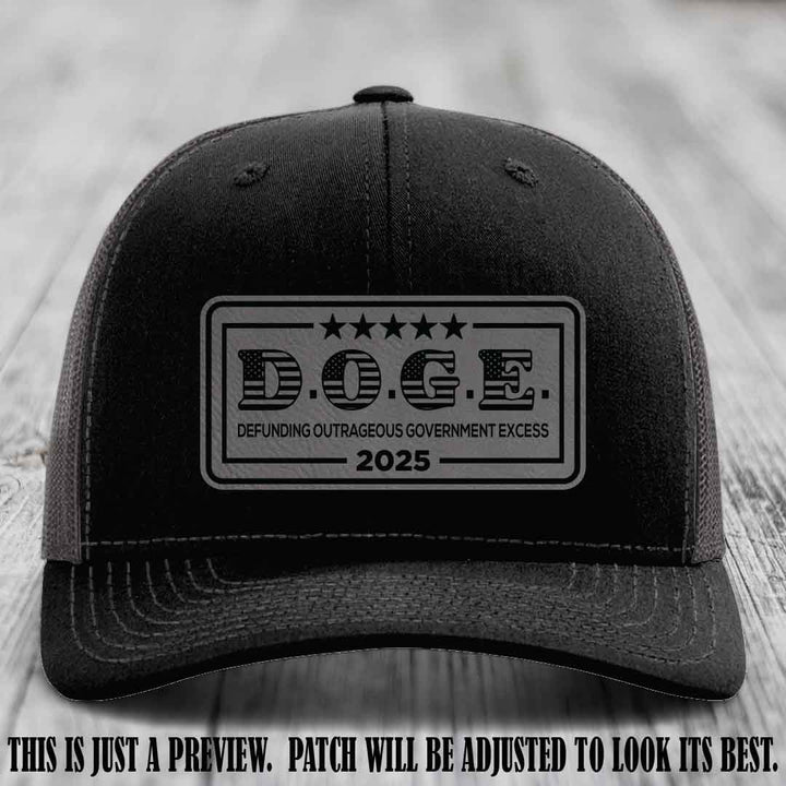 D.O.G.E. 2025 leather patch hat with grey to black patch on a black to charcoal hat