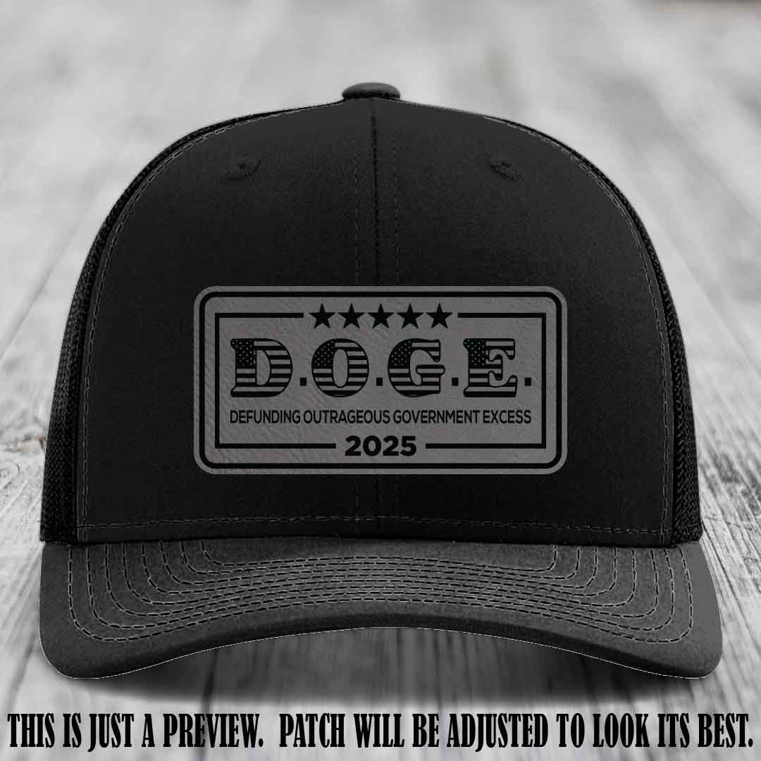 D.O.G.E. 2025 leather patch hat with grey to black patch on a black hat