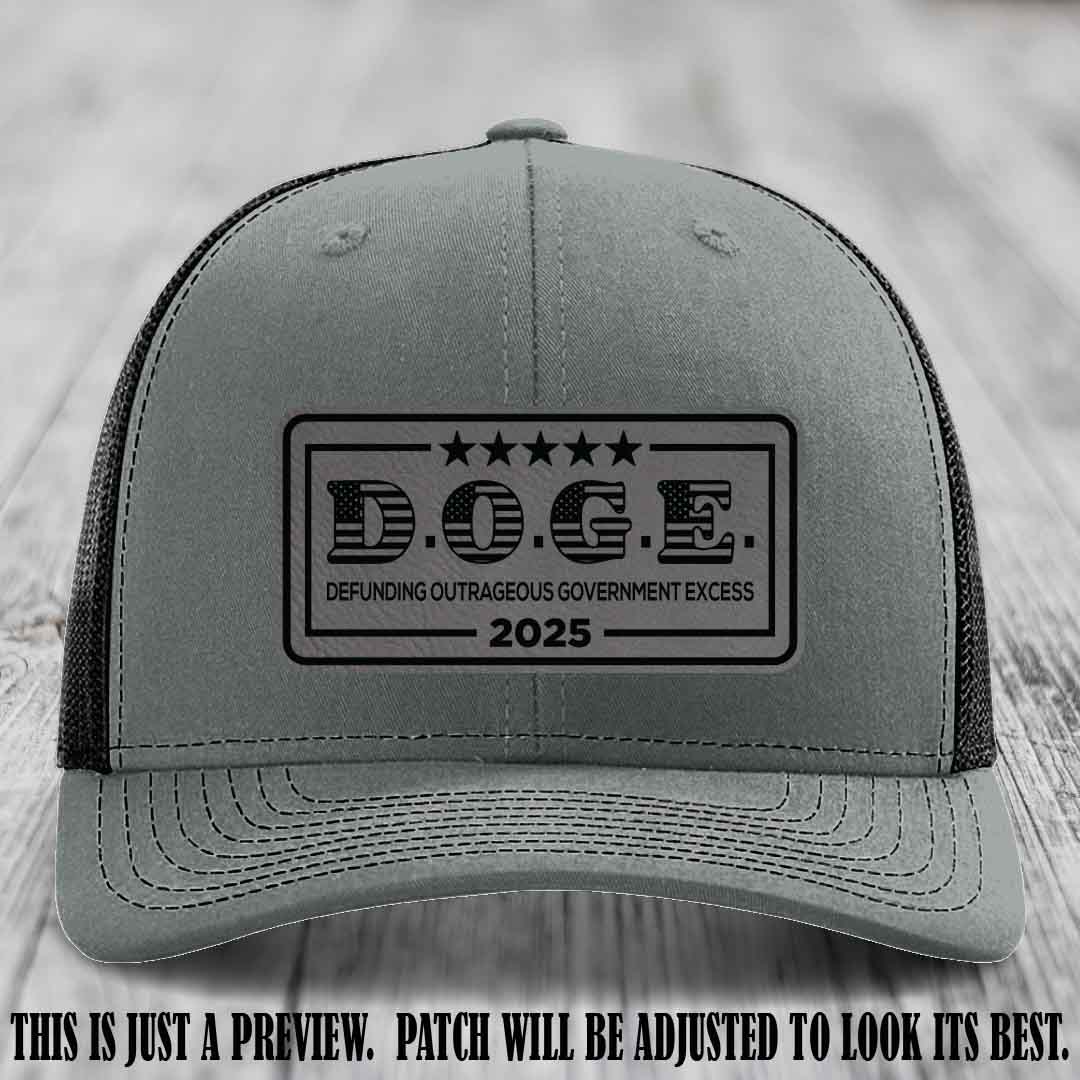 D.O.G.E. 2025 leather patch hat with grey to black patch on a heather grey to black hat
