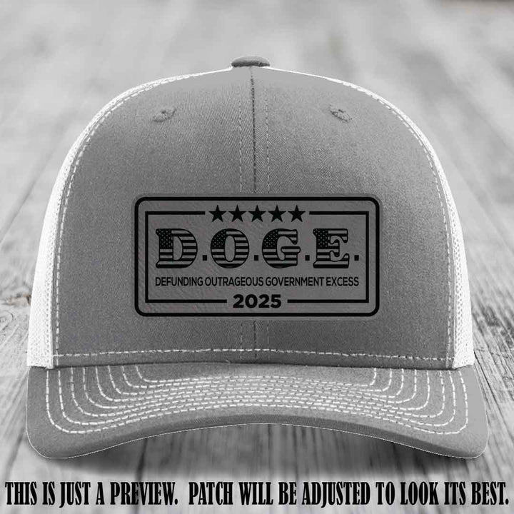 D.O.G.E. 2025 leather patch hat with grey to black patch on a heather grey to white hat
