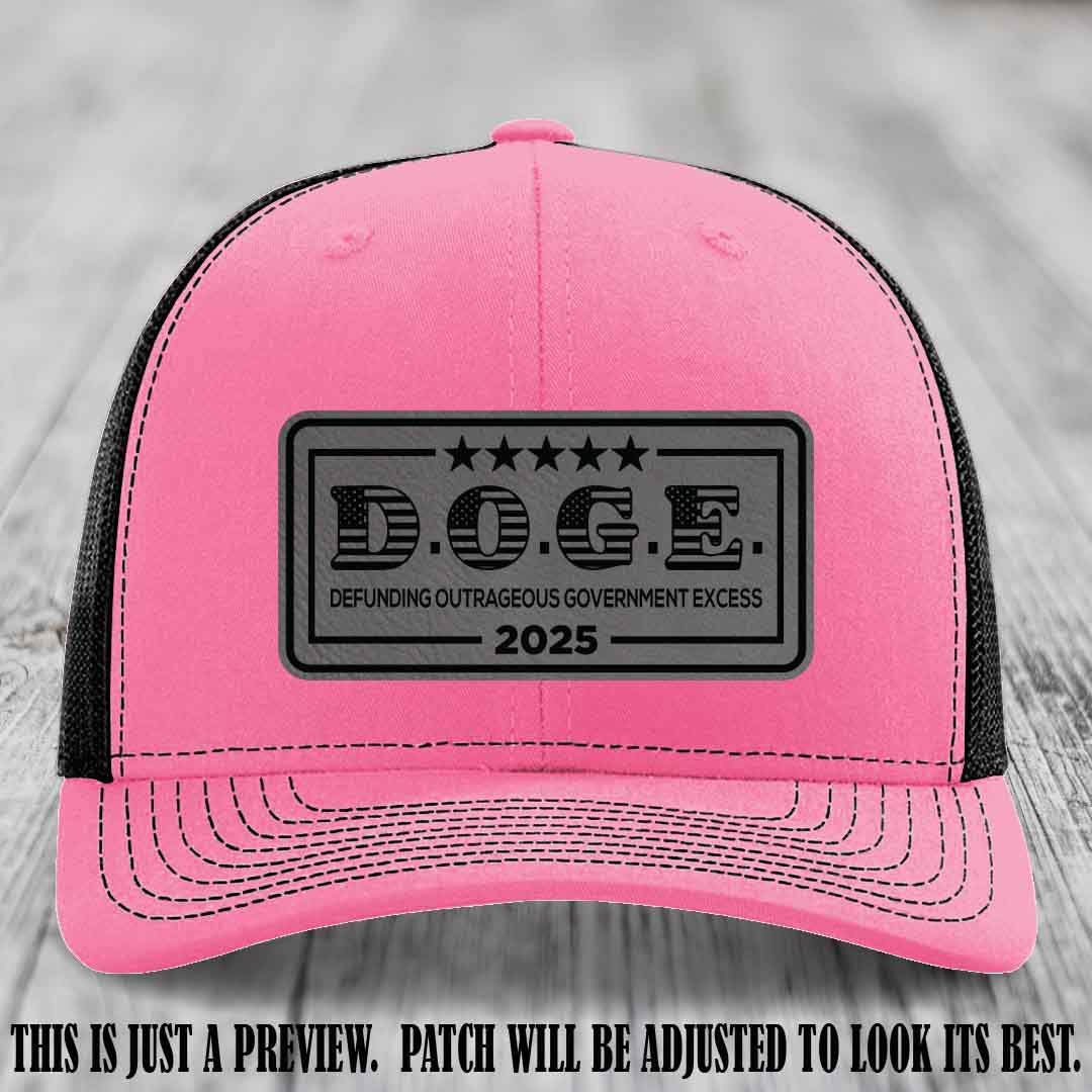 D.O.G.E. 2025 leather patch hat with grey to black patch on a hot pink to black hat
