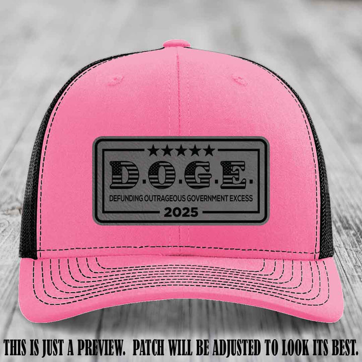 D.O.G.E. 2025 leather patch hat with grey to black patch on a hot pink to black hat