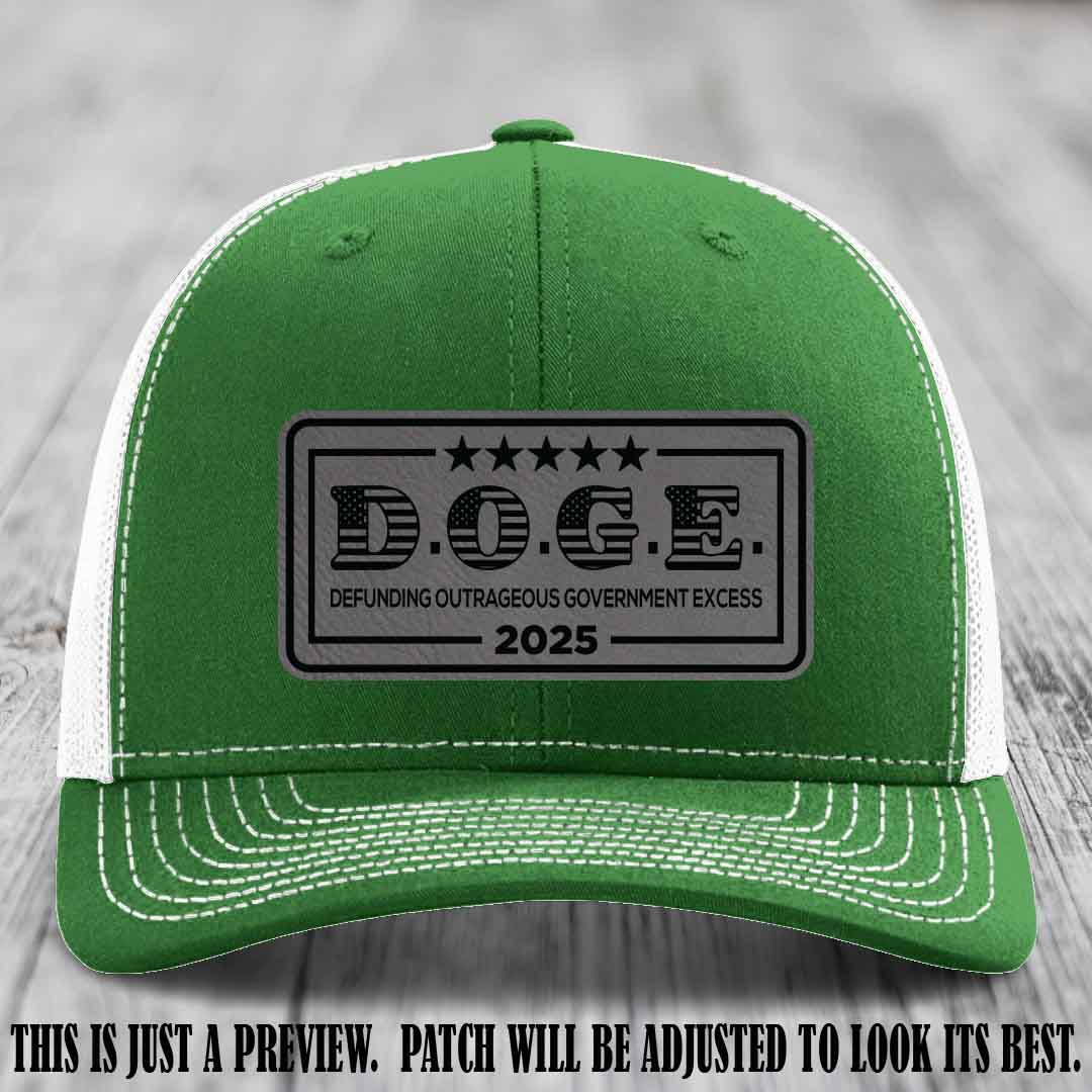 D.O.G.E. 2025 leather patch hat with grey to black patch on a kelly to white hat