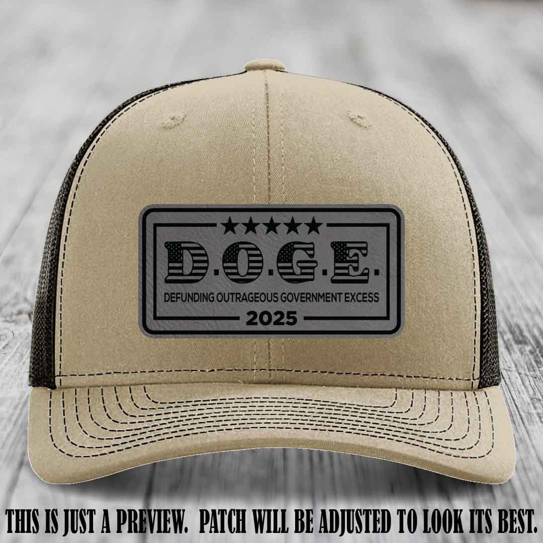 D.O.G.E. 2025 leather patch hat with grey to black patch on a khaki to coffee hat