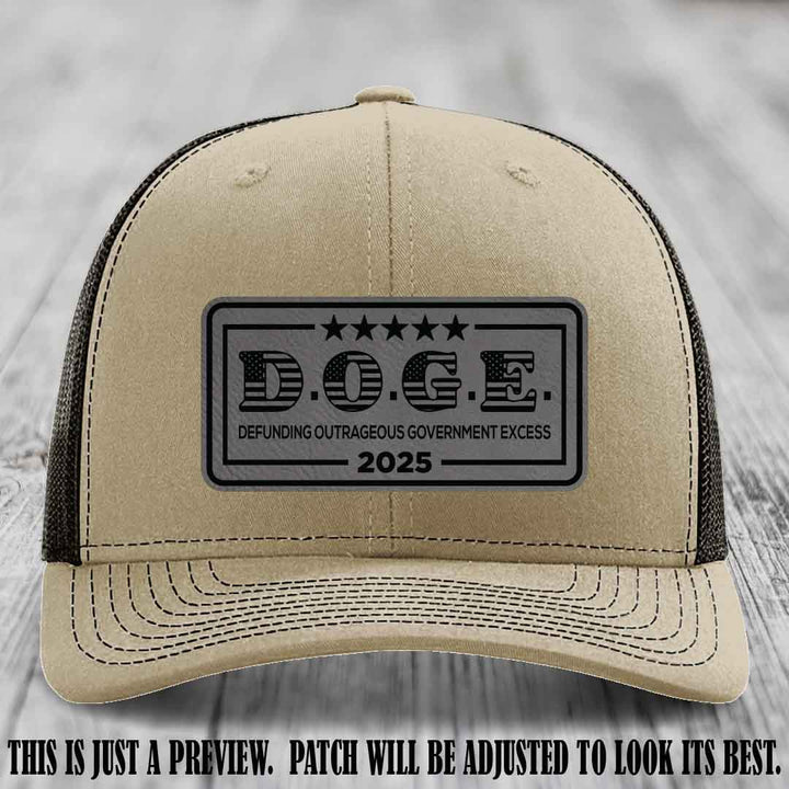 D.O.G.E. 2025 leather patch hat with grey to black patch on a khaki to coffee hat
