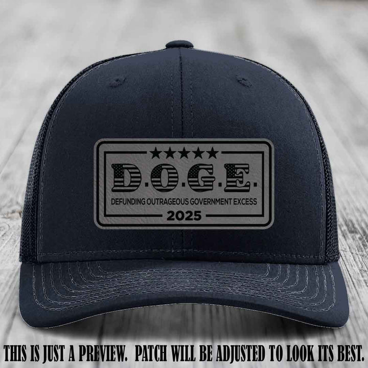 D.O.G.E. 2025 leather patch hat with grey to black patch on a navy hat