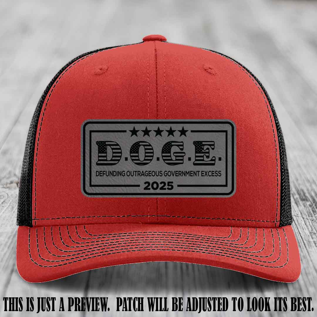 D.O.G.E. 2025 leather patch hat with grey to black patch on a red to black hat