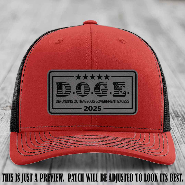 D.O.G.E. 2025 leather patch hat with grey to black patch on a red to black hat