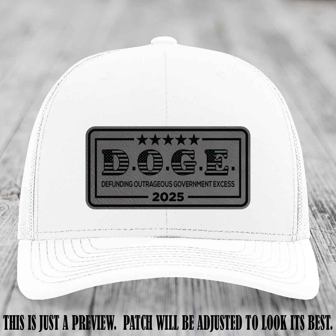 D.O.G.E. 2025 leather patch hat with grey to black patch on a white hat