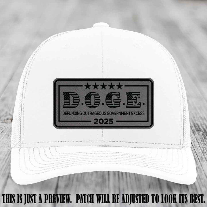 D.O.G.E. 2025 leather patch hat with grey to black patch on a white hat