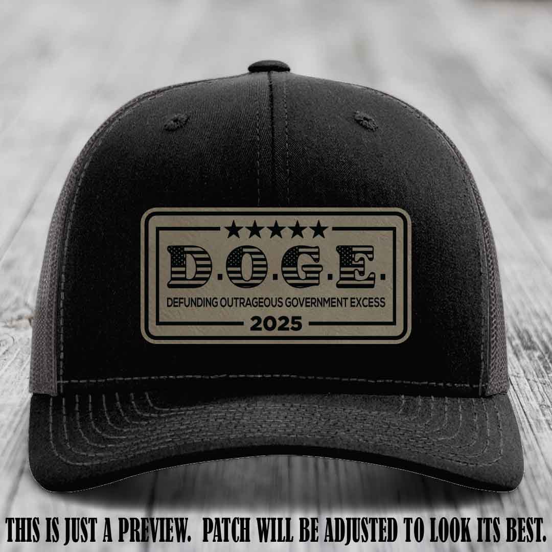 D.O.G.E. 2025 leather patch hat with light brown to black patch on a black to charcoal hat