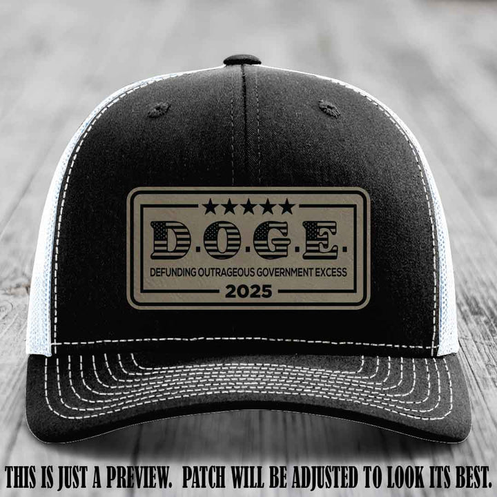 D.O.G.E. 2025 leather patch hat with light brown to black patch on a black to white hat
