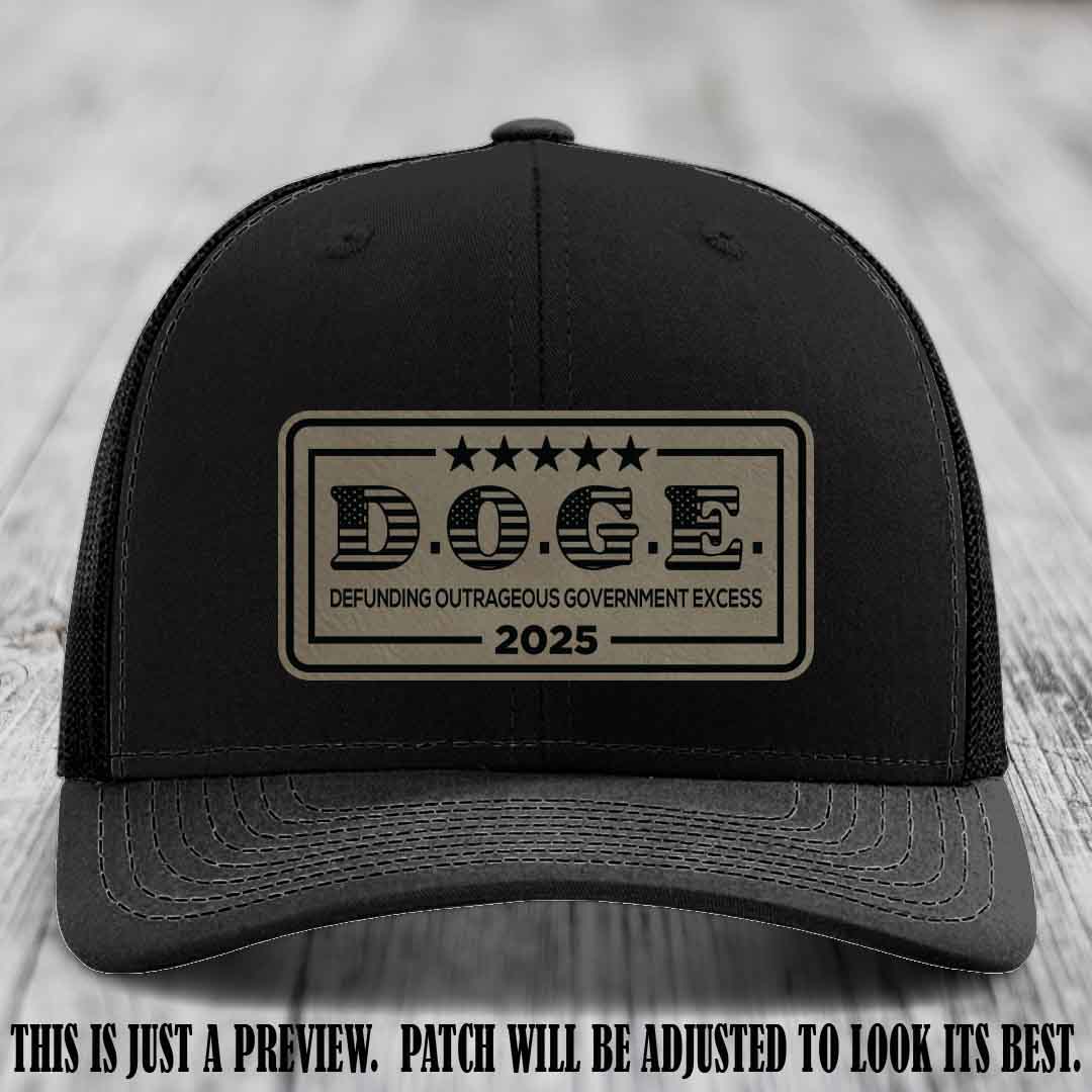 D.O.G.E. 2025 leather patch hat with light brown to black patch on a black hat