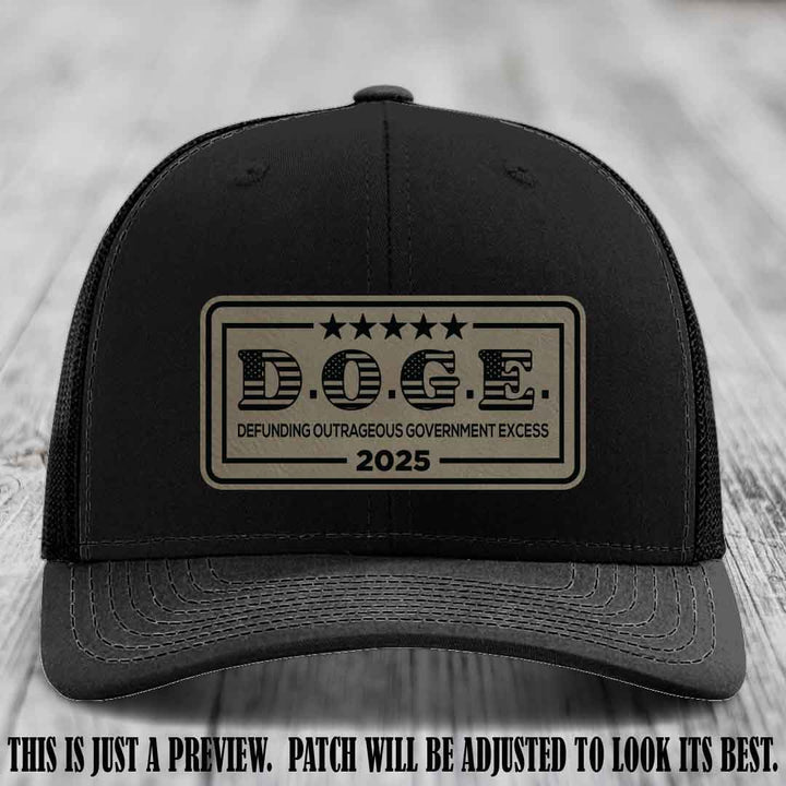 D.O.G.E. 2025 leather patch hat with light brown to black patch on a black hat