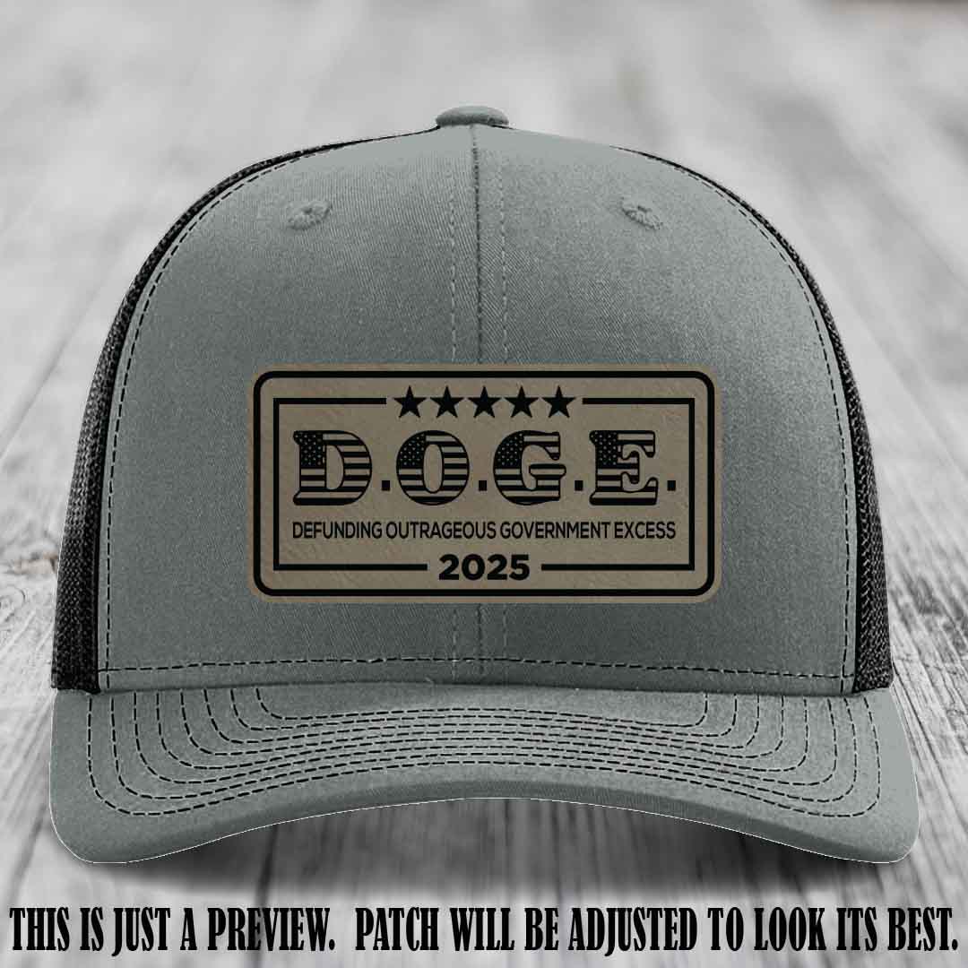 D.O.G.E. 2025 leather patch hat with light brown to black patch on a heather grey to black hat