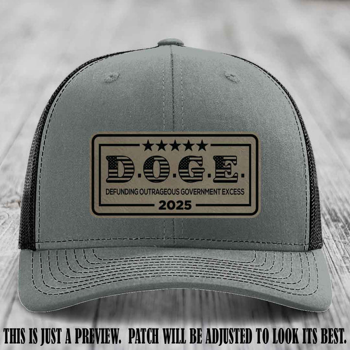 D.O.G.E. 2025 leather patch hat with light brown to black patch on a heather grey to black hat