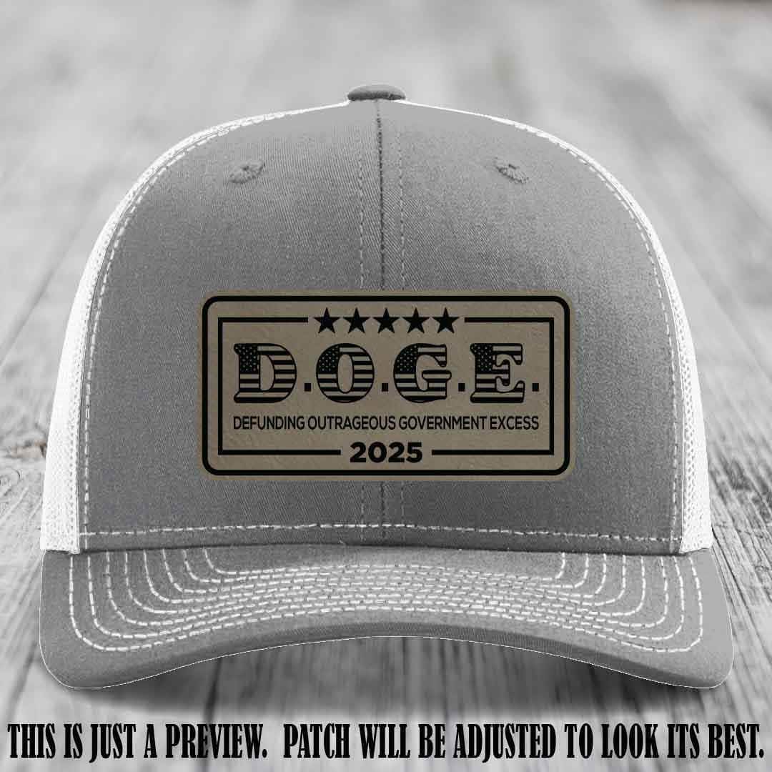 D.O.G.E. 2025 leather patch hat with light brown to black patch on a heather grey to white hat