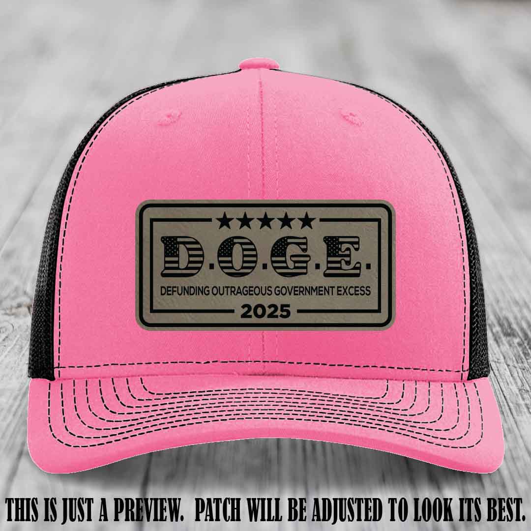 D.O.G.E. 2025 leather patch hat with light brown to black patch on a hot pink to black hat
