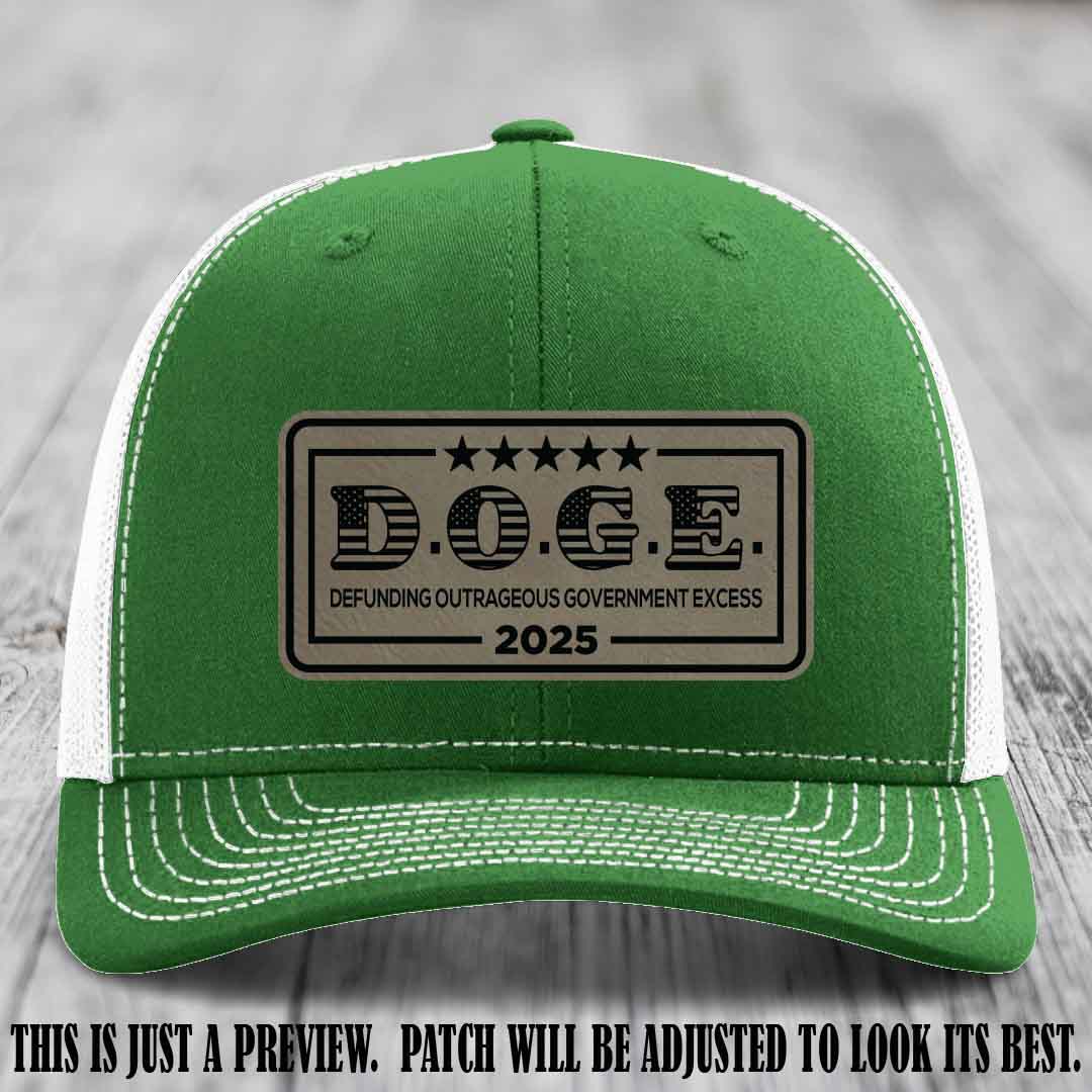 D.O.G.E. 2025 leather patch hat with light brown to black patch on a kelly to white hat