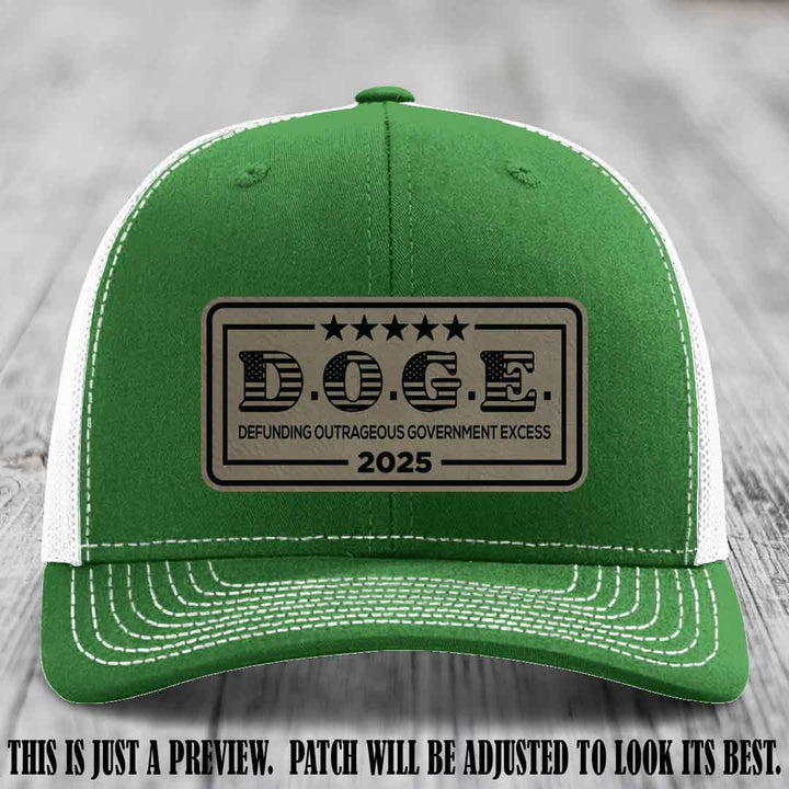 D.O.G.E. 2025 leather patch hat with light brown to black patch on a kelly to white hat