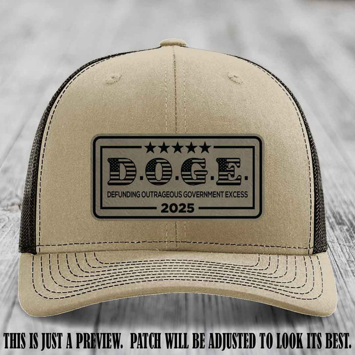 D.O.G.E. 2025 leather patch hat with light brown to black patch on a khaki to coffee hat